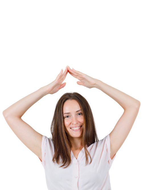 Smiling woman forming a roof shape with her hands